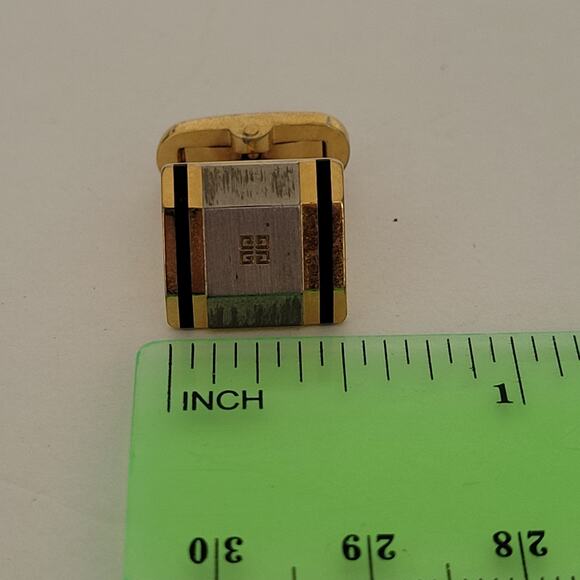 Givenchy G French Tie Bar Clip Cufflinks Set Gold Silver Tone Logo Geometric - Picture 14 of 15